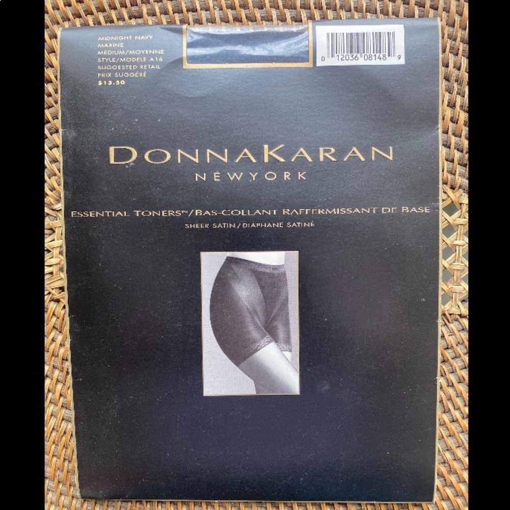 Vtg 90s DONNA KARAN ESSENTIAL TONERS CONTROL TOP PANTYHOSE MIDNIGHT NAVY BLUE M